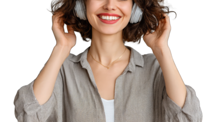 Studio Portrait of a Smiling Woman Wearing White Headphones Adjusting Them with Curly Brown Hair and a Patterned Shirt Isolated on Transparent Background