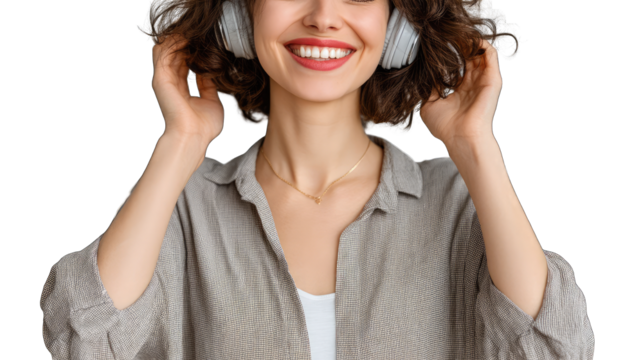 Studio Portrait of a Smiling Woman Wearing White Headphones Adjusting Them with Curly Brown Hair and a Patterned Shirt Isolated on Transparent Background