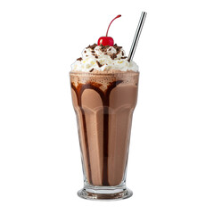 Chocolate Milkshake With Whipped Cream Cherry and Chocolate Syrup Drizzle Isolated on Black Background Studio Lighting