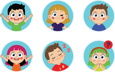 Cute cartoon kids avatar set, happy children facial expressions illustration, boy and girl emoji icons showing various emotions vector