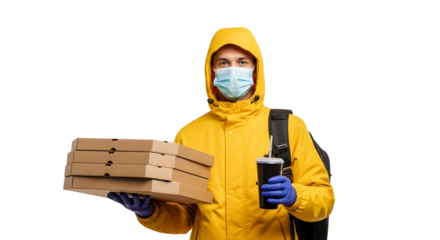 Delivery man in yellow jacket and medical mask holding pizza boxes isolated on transparent background