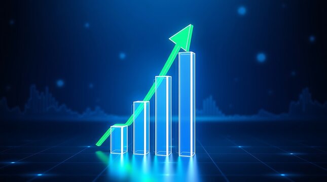 A vibrant digital bar chart with an illuminated green arrow dramatically illustrates financial growth and successful business progress in a futuristic technological setting.
