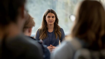 Woman leading group discussion with attentive participants in bright room with large window