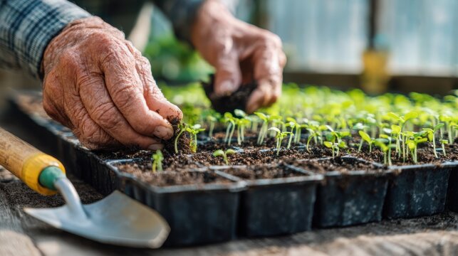 Close up of elderly hands planting seedlings in soil trays in a greenhouse, nurturing young plants for the spring season, gardening tools and sunlight in background, concept of growth and care