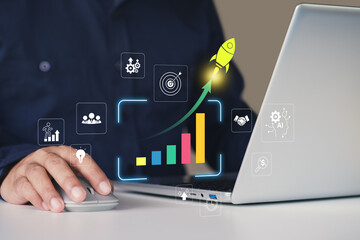 Business growth to target. Startup new project. Rocket launching from laptop to business icon....
