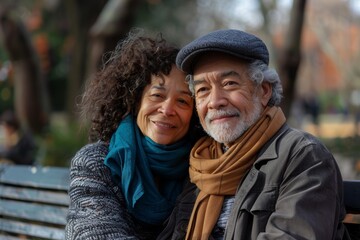 Portrait of a glad multicultural couple in their 50s sitting on bench