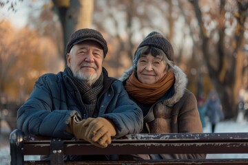Portrait of a satisfied couple in their 50s sitting on bench
