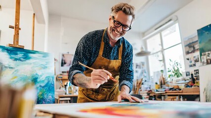 Smiling painter in bright studio adds bold color to a new canvas, capturing a joyful creative process with natural light, artisanal craft, and modern maker lifestyle vibes for inspirational branding s