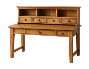 A rustic pine desk with a hutch featuring cubbies and drawers, ideal for a cottage kitchen.