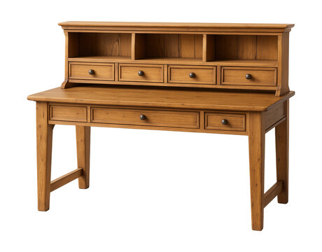 A rustic pine desk with a hutch featuring cubbies and drawers, ideal for a cottage kitchen.