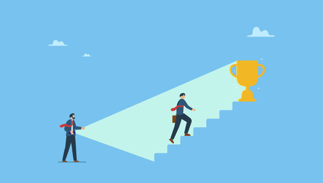 Boss using flashlight to light path help reaching success trophy. Mentorship or manager support employee finding career success, help and guide to discover potential and reach achievement.