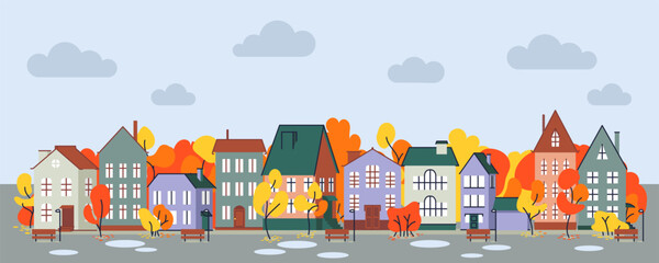 Cute houses in rainy autumn day, city buildings in European style. Cosy town panorama with home exteriors, Scandi architecture. Urban street with chimneys. Flat vector illustration © Lidiia Shapoval