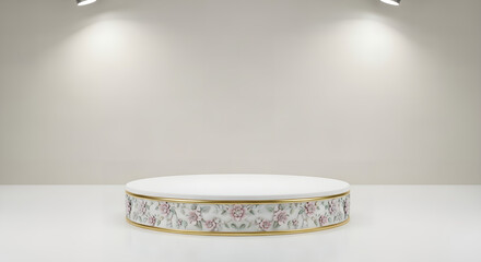 Luxury White Marble Product Display Podium with Floral Pattern and Gold Trim, 3D Render Mockup Stage Illuminated by Spotlights for Premium Cosmetic or Jewelry Showcase