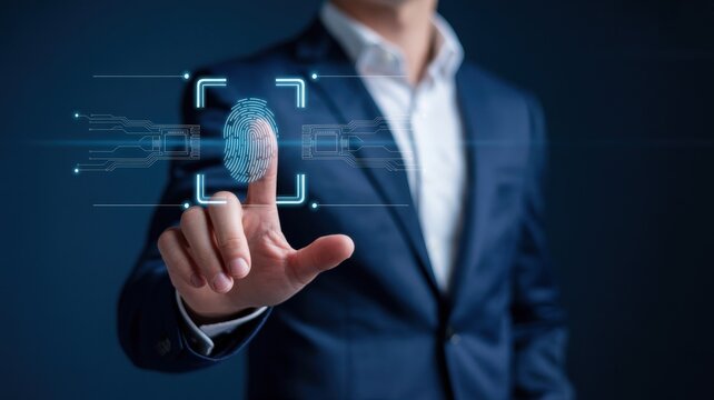 Man touching a digital fingerprint scan biometric identification and security concept modern technology interface