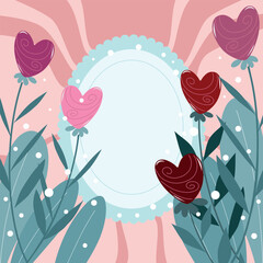 charming illustration features a heart-shaped frame surrounded by colorful heart balloons and lush green foliage. The soft pastel background adds a romantic touch, making it perfect for Valentine's Da