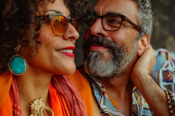 Portrait of a glad multicultural couple in their 50s listening to music