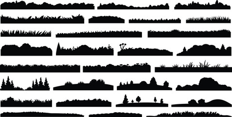 Landscape silhouette collection, black terrain shapes, nature profiles, forest outlines, vegetation graphics, mountain horizon, grassland, shrubbery, vector design elements, illustration set © Itz Jisan