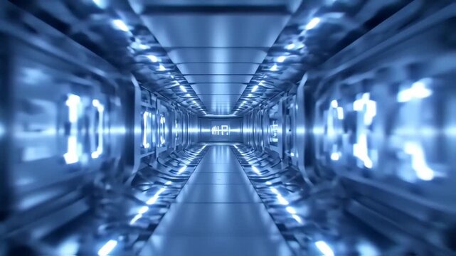 A futuristic, glowing blue tunnel.  Perspective view of a long, sleek passageway with reflective metal walls and panels.  Bright blue lights accentuate the interior architecture