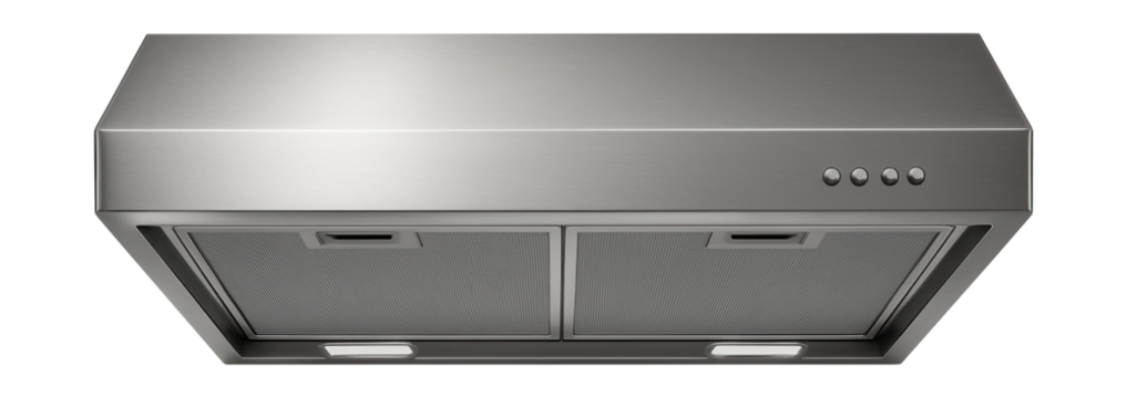A space-saving under-cabinet range hood for small apartment kitchens.