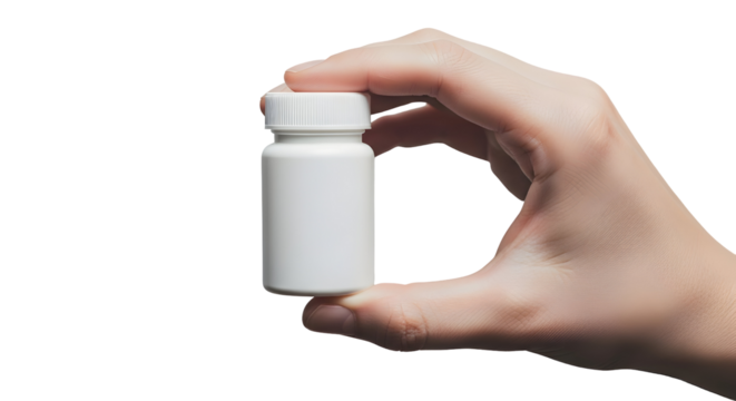 Hand holding white plastic medicine bottle isolated on transparent background, showcasing pharmaceutical product