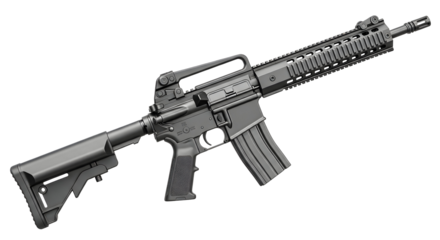 Black modern assault rifle isolated on transparent background, a powerful weapon for military and law enforcement
