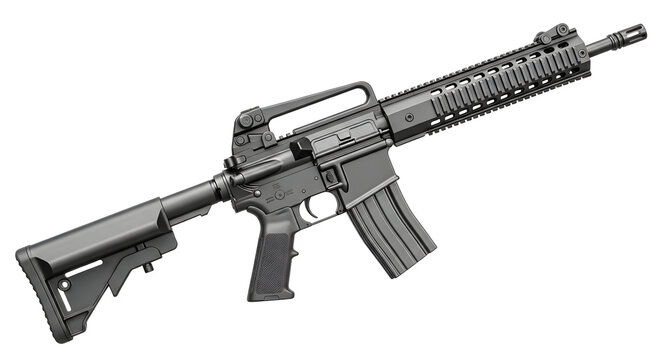 Black modern assault rifle isolated on transparent background, a powerful weapon for military and law enforcement
