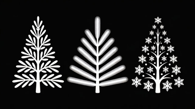 Three stylized white christmas trees on a black background