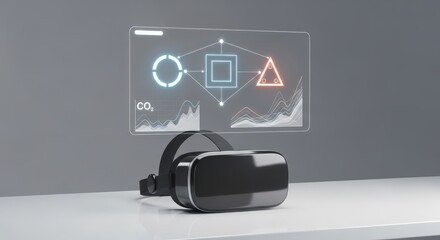 Virtual reality headset displaying a futuristic interface for carbon capture technology on a white table against a gray background