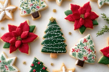 Festive Christmas cookies shaped like trees, stars, and poinsettias decorated with colorful icing, creating a joyful and cozy holiday mood