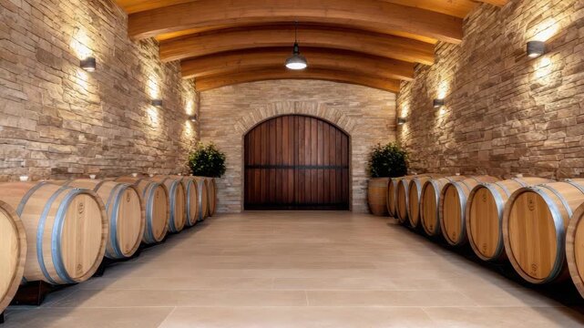 Barrel cellar with wooden barrel rows stone wall arched door warm light vaulted wooden ceiling cozy rustic wine barrel tile floor plant inviting elegant storage space for tasting and peaceful ambiance