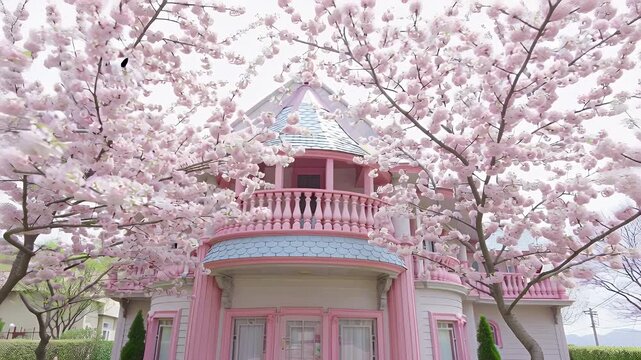 Pink Victorian-style roundhouse with blooming cherry blossoms and a turreted balcony
