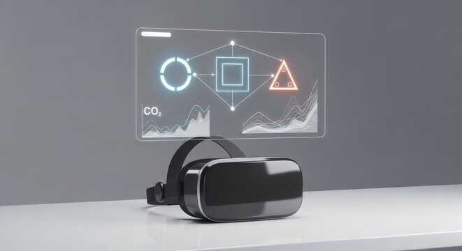 Virtual reality headset displaying a futuristic interface for carbon capture technology on a white table against a gray background