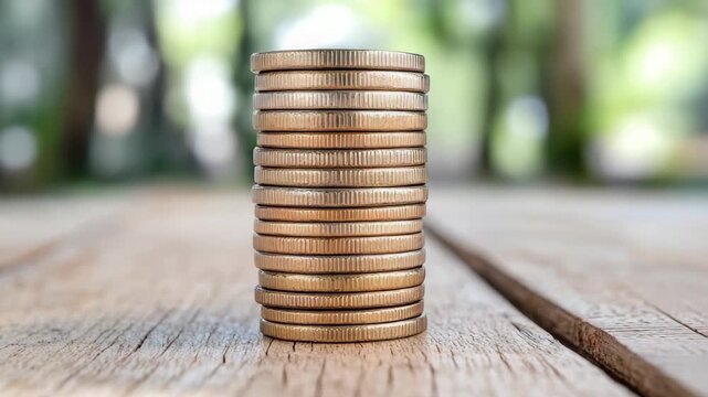 Stacked gold coin wooden table with blurred green outdoor background conveying savings and financial growth stack of coin wooden table with blurred green background conveying financial growth