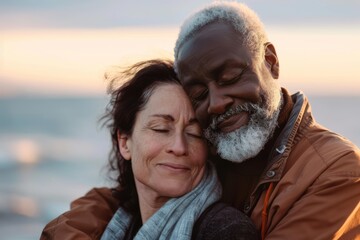 Portrait of a blissful multiethnic couple in their 50s sharing a hug on the seashore