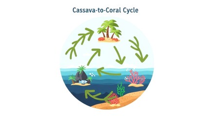 Cassava to coral cycle diagram isolated on white background illustration of the process where cassava waste helps coral reefs grow and thrive