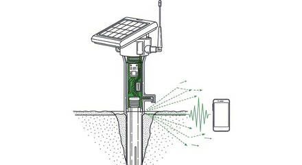 Conceptual sketch of a smart water meter with solar panel, sensor, and wireless communication, isolated on white background