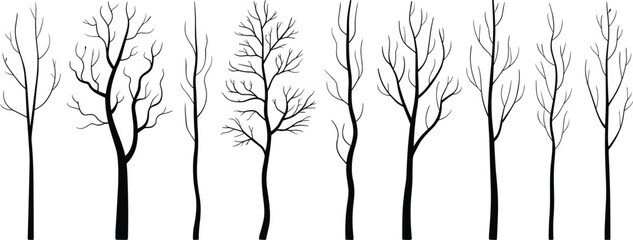 Leafless tree silhouettes, black winter trees, bare branches, seasonal tree shapes, nature graphics, forest icons, vector design elements, illustration set
