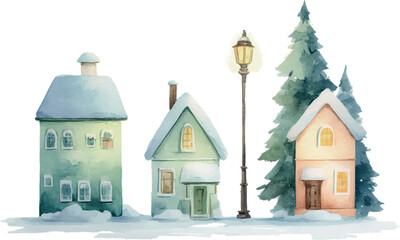 Vector watercolor winter houses set isolated on white background