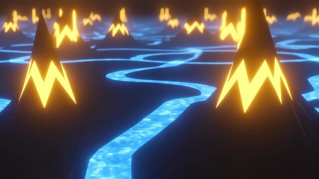 Abstract landscape with glowing, conical mountains and blue streams