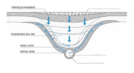 Permeable pavement system diagram illustrating water filtration and drainage, isolated on white background