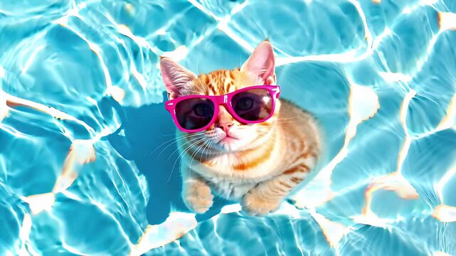 Playful orange tabby cat wearing bright pink sunglasses lounges on the sunlit blue pool water