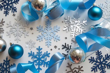 Festive Christmas decoration with blue and silver ornaments, snowflakes, and ribbons, creating a winter wonderland atmosphere.