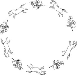 馬とお花のお洒落な白黒フレーム・線画イラスト・線画フレーム