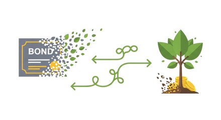 Sustainable investment bond transforming into a growing tree with coins, representing green finance, environmental responsibility, and ethical investing isolated on white background
