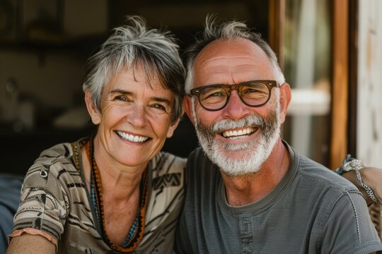 Portrait of a content couple in their 60s smiling at the camera