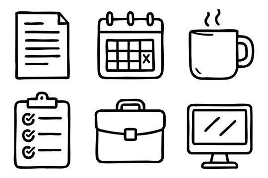 Office elements and icons set doodle style. Vector srock illustration