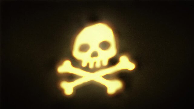 Skull and crossbones with a risograph-style texture and a vintage projector glow effect. Grunge animation with analog film projection aesthetics