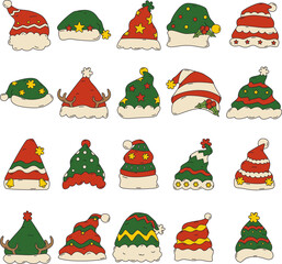 Christmas Santa Hat element set. Includes of costume, decoration, celebration, merry, and More. Vector flat color collection