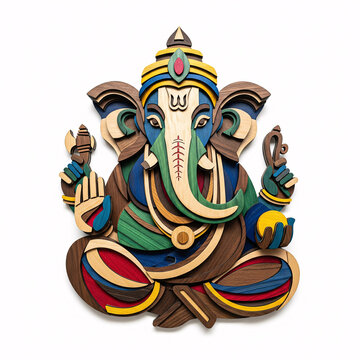 Wooden Abstract Ganesha Sculpture in Vibrant Colors