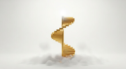 Abstract wooden spiral staircase design floating against bright white background